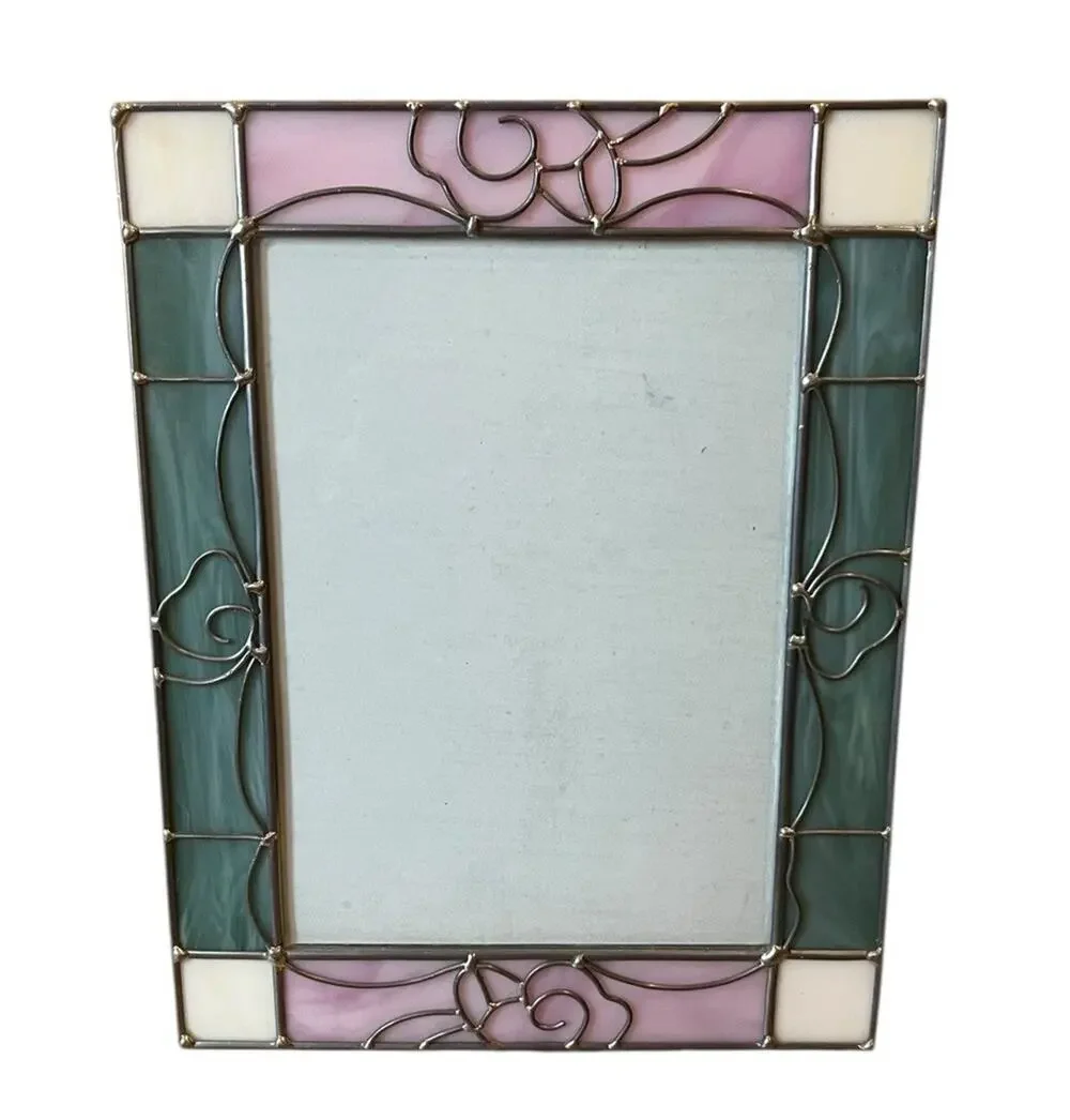 Stained Glass Photo Frame 5x7” Leaded Glass Pink Green White Floral